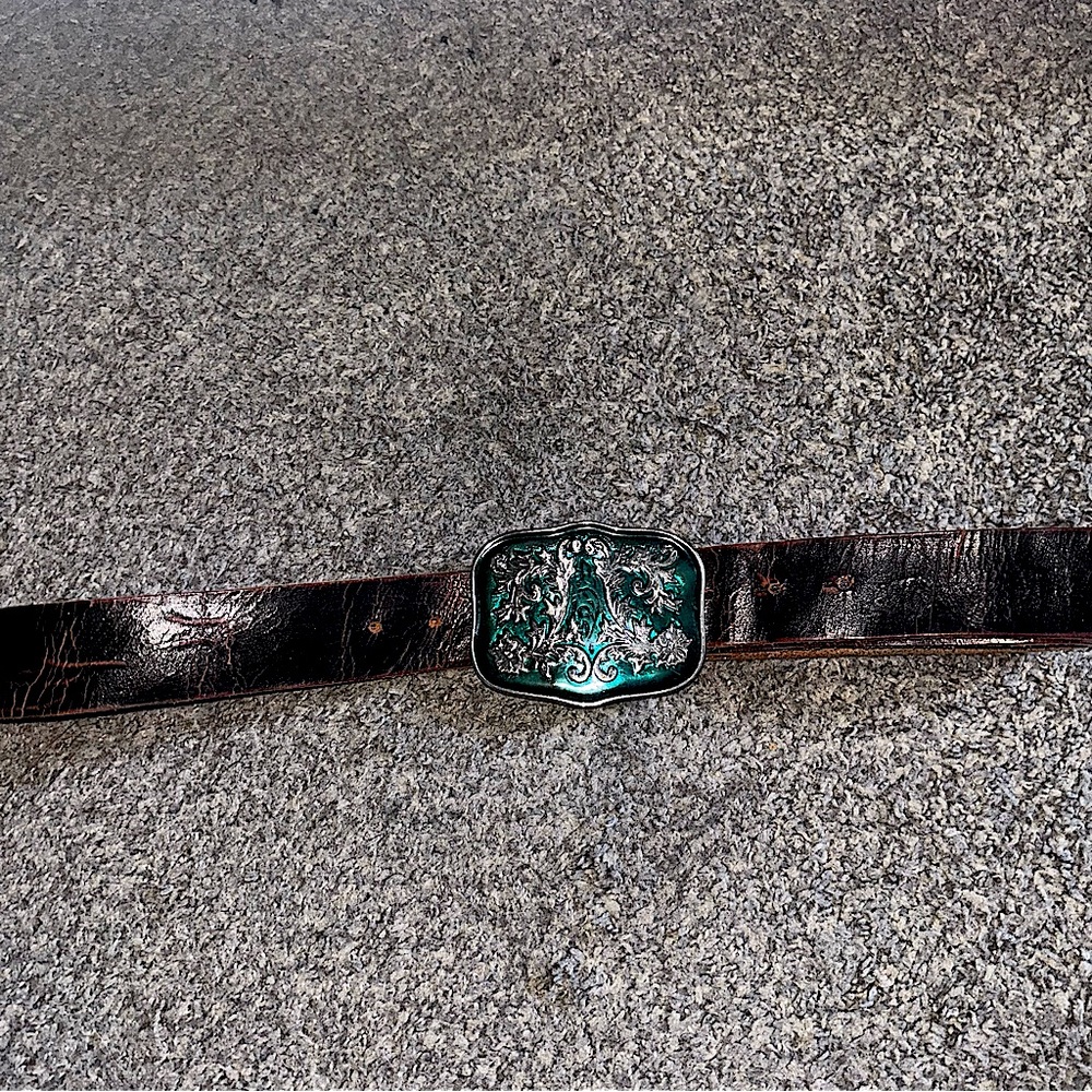 Distressed Brown Leather Belt with Jade and Silver belt buckle